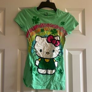 Sanrio Girls Green Glitter Shamrock Hello Kitty Shirt Size Large